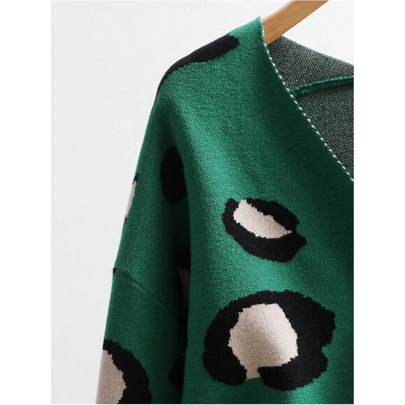 Women's Leopard Tiger Print Cardigan V Neck Long Sleeve Color Block Sweater - Picture 4 of 7